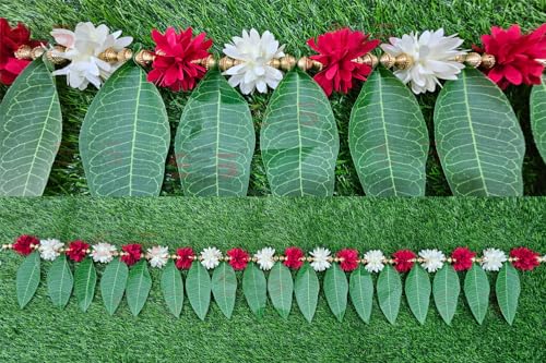 Image of S2S Artificial Marigold & Mango Leaves Simple Door-Window Toran /Door Hangings /Festive Decorations 1 Piece (Red And White), 60 cm