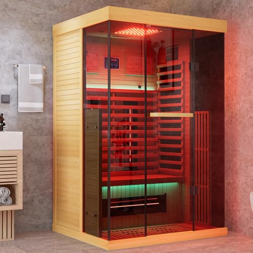 MEISSALIVVE Full Spectrum Infrared Sauna，1-2 Person Home Sauna，Wooden Canadian Hemlock Indoor Spa Sauna with Resonance Speaker, Panoramic Tempered Glass Door
