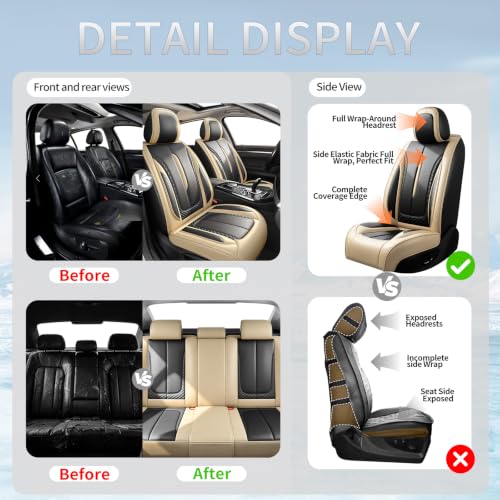 Image of Fit Sonata Car Seat Covers for Hyundai Sonata 2008-2025 2026 - Premium Breathable Leather,Airbag Compatible,Waterproof All-Weather Seat Cushion Protector, Full Set Beige&Black