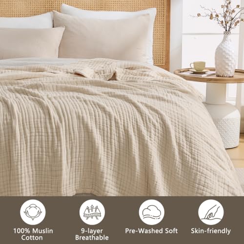 Image of EMME 9 Layer Muslin Cotton Blanket Adults Coverlet,King,Beige