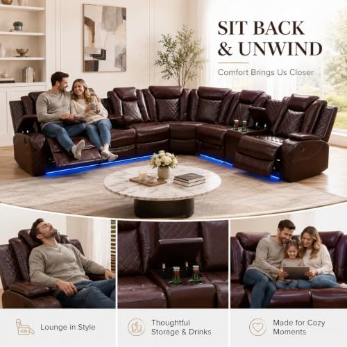 Image of Power Reclining Sectional Sofa for Living Room,Modern L-Shaped Air Leather Sectional Couch Set,Recliner Sofa Set,with LED Lights,Cup Holder,Storage,Charging Ports,Home (Red, Sectional)