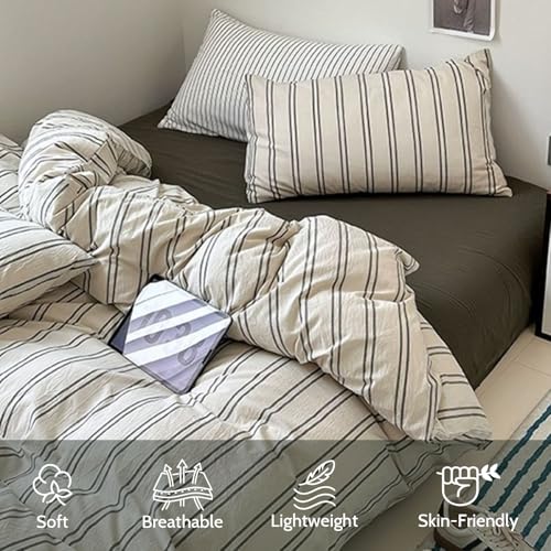 Image of Striped Duvet Cover Full Size Beige Grey Green Stripes Bedding Set 3pcs Vertical Ticking Stripes Pattern Soft Lightweight Microfiber Comforter Cover Set with Zipper Closure and 2 Pillowcases