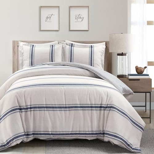 Image of Lush Decor Farmhouse Stripe Reversible Cotton Duvet Cover King Size 3 Piece Set Navy - Farmhouse Bedding Set King - Striped Duvet Cover