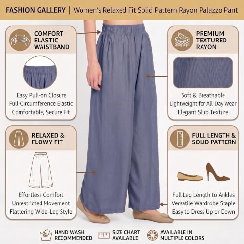 Image of FASHION GALLERY Women's Solid Rayon Palazzo Pants | Relaxed Fit Full Length Wide Leg Palazzo | Elastic Waist Comfortable Casual Lounge Office Ethnic Flared Trousers for Women
