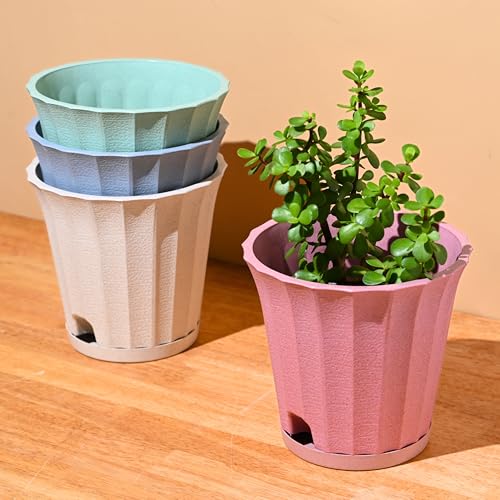 Image of Eha Earth Friendly Ace 7 inch Small Self Watering Pots for Indoor Plants | Set of 4 | Plant Pot Made with Bamboo Fibers | Table Top Planters for Home Decor, Flower Pot for Living Room | Multicolor