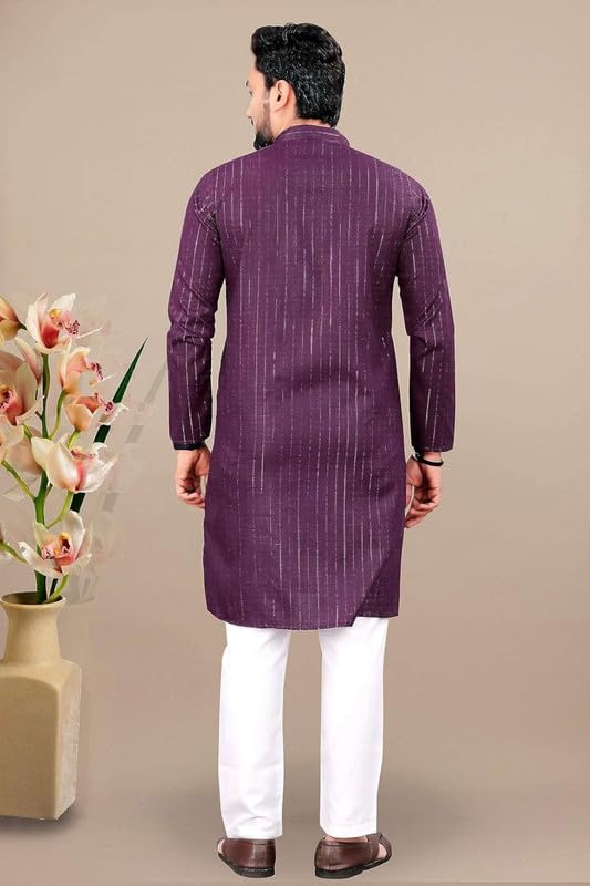 Image of FASHION GALLERY Men's Solid Pattern Polycotton Kurta with Long Sleeve Round Neck Knee Length and Pull On Closure Type|Men Kurta Pajama Set