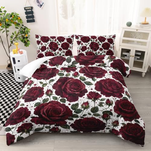 Image of AILONEN Wine Floral Full Duvet Set 3 Piece, 1 Comforter + 2 Pillowcases, Large Rose Heads Dark Green Foliage Crisp White Background for Elegant Guest Room