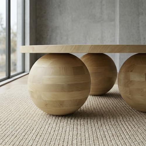 Image of Solid Mango Wood Modern - Round Coffee Table with Ball Shape Base - Bohemian Solid Wood Coffee Table for Office and Living Room C#058 (Natural)
