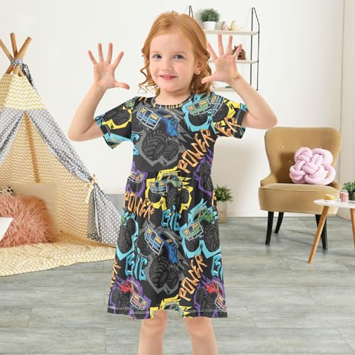 Girls Summer Dress Short Sleeve A Line Abstract Monster Truck Car Pattern Casual Dresses for Kids 2-8 Years4