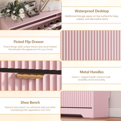 Image of HUANLEGO Shoe Cabinet Storage for Entryway with 3 Flip Drawer, Pink | Fluted Shoe Cabinet with Adjustable Shelves, Hidden Shoe Rack for Entryway, Freestanding Narrow Shoe Organizer for Hallway