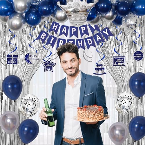 Blue and Silver Birthday Decorations for Men Boys Women, Happy Birthday Decorations Banner Honeycomb Centerpieces Blue Bday Party Decorations, Crown Birthday Balloons Tablecloth Fringe Curtain Swirls - Thumbnail 4