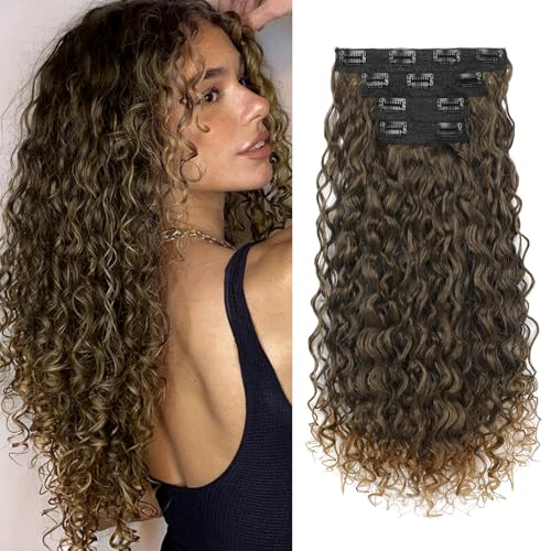 FLUFYMOOZ Extension per capelli a clip, da 4 pezzi, al 100% in pura seta proteica, lunghe, morbide, naturali, ricce, da 50 cm, per donne, da marrone a biondo sporco