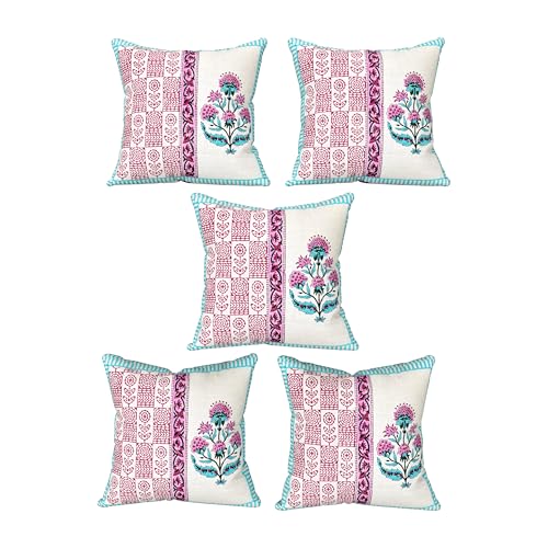 Image of BLOCKS OF INDIA Hand Block Printed Cotton Linen Cushion Cover (16 x 16 inches) (DYE Turq Pink Half)