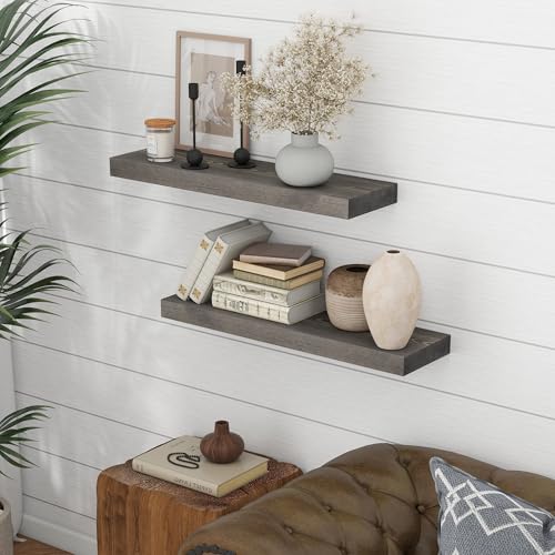 Image of Marsmiles 30 Inch Floating Shelves for Wall - Rustic Grey Wood Floating Shelves Set of 2-30 Inch Wide x 7.7 Inch Deep x 1.6 Inch Thick Wooden Shelves for Room Wall