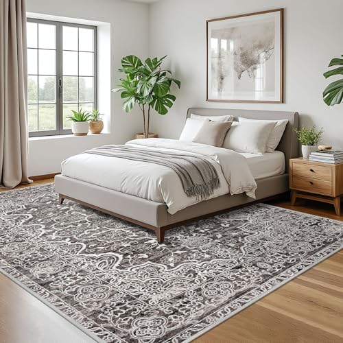 KUTA Tan Area Rugs 9x12 Living Room, Vintage Washable Large Rug for Bedroom 9ft x 12ft Non-Slip, Ultra Soft Printed Traditional Floral Medallion Low-Pile Wool Dining Room Carpet