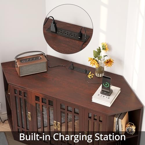 Image of IRONCK Corner TV Stand for TVs up to 60 Inch with Power Outlet, Corner Entertainment Center with Storage Cabinet and Glass Doors, Mid Century Modern TV Stand for Living Room, Bedroom, Red Walnut