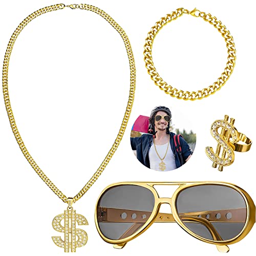 Lot de 4 colliers de dollar - Ensemble de costumes hip hop - Accessoires de rappeur - Bijoux hiphop - Chaîne signe dollar - Bague rétro - Lunettes de soleil - Bracelet personnalisé - Costume Cover