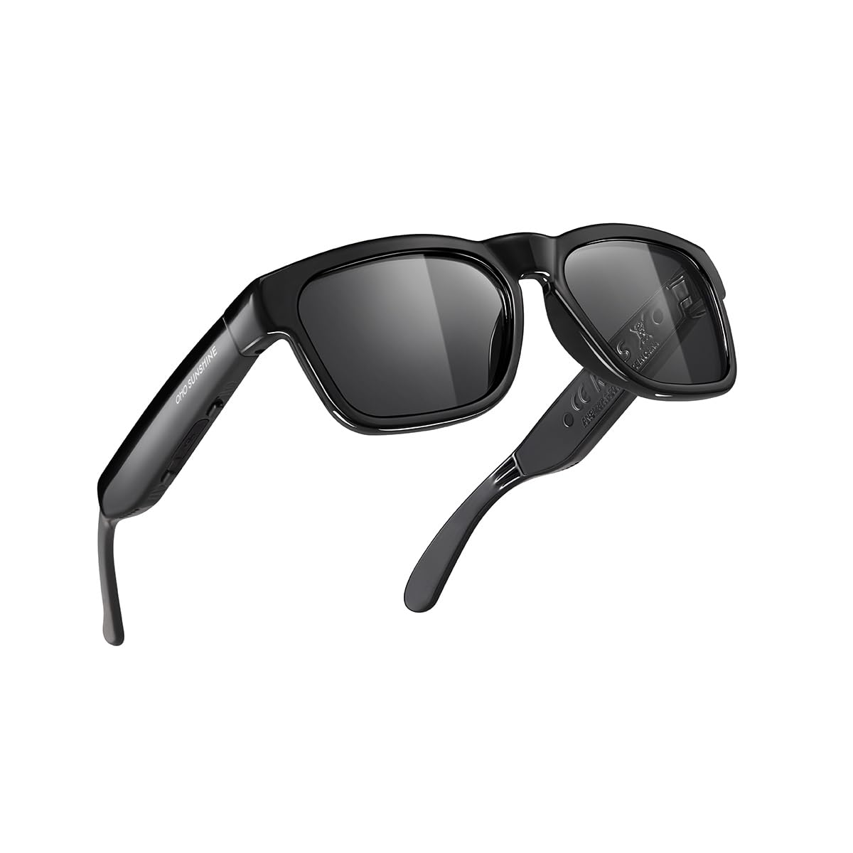 OhO Audio Sunglasses, Voice Control and Open Ear Style Listen Music and Calls with Volumn UP and Down, Bluetooth 5.2 and IP44 Waterproof Feature for Indoor and Outdoor (Shine Black - Black Lens)
