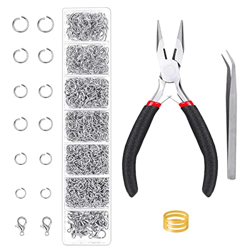 Open Jump Rings, 1500 pcs Jump Rings and Lobster Clasps Jewelry Finding Kit Jewelry Making Tools with Pliers Tweezers for Jewelry Making Necklace Repair