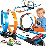 LILYBUDS Toy Car Track Gift Set for Boys Kids Age 3-5 4-7 8-12, Long Race Tracks with 4 Action Loops and 4 High-Speed Slot Die-Cast Race Cars, 35+ Pieces Race Tracks to Create Multiple Configurations