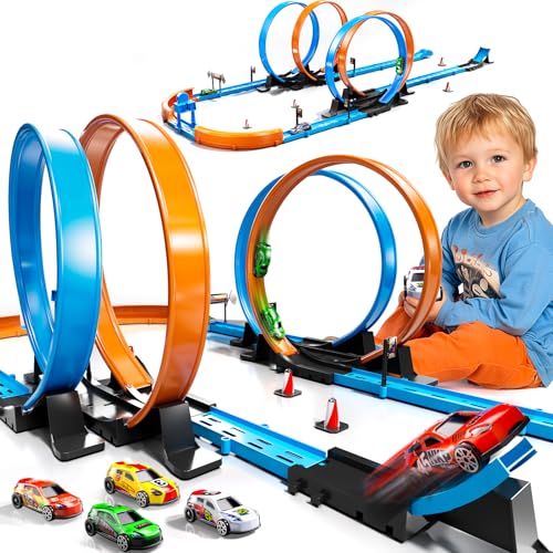 LILYBUDS Toy Car Track Gift Set for Boys Kids Age 3-5 4-7 8-12, Long Race Tracks with 4 Action Loops and 4 High-Speed Slot Die-Cast Race Cars, 35+ Pieces Race Tracks to Create Multiple Configurations