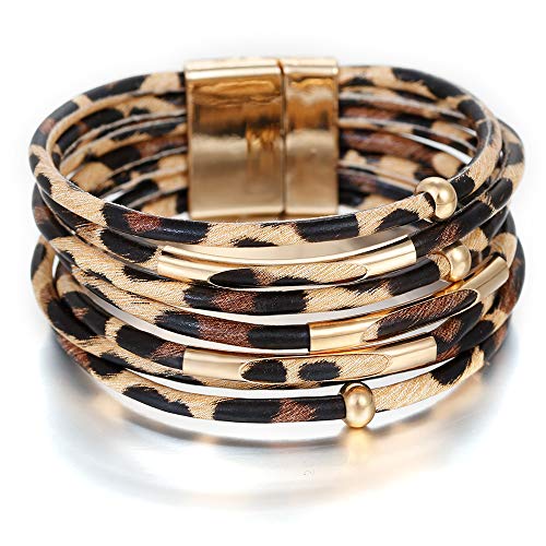 ARVATO Leopard Braceletas for Women Metal Brass Pipe Charm Beads Stranded Wide Multilayer Animal Cheetah Print Magnetic Boho Cuff Leather Bracelet