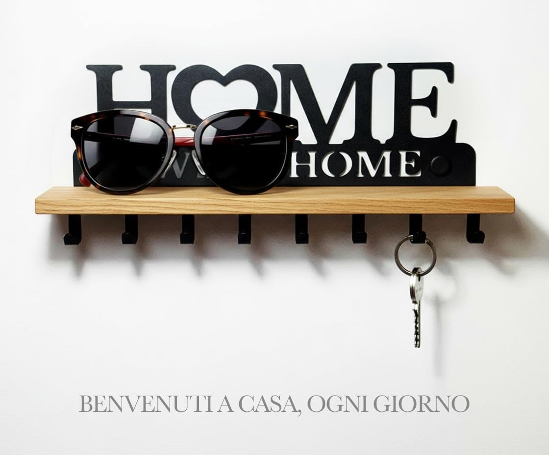 Portachiavi con Mensola in Legno Massello e Metallo – Organizer da Parete con 8 Ganci – Targa Home Sweet Home per l’ingresso