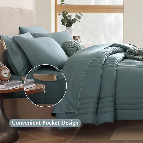 Image of Monbix Oversized King Size Comforter Set - 7 Pieces Blue Green Bed in a Bag Oversized King Bedding Sets with Comforters, All Seasons Comforter Bed Set with Sheets, Pillowcases & Shams
