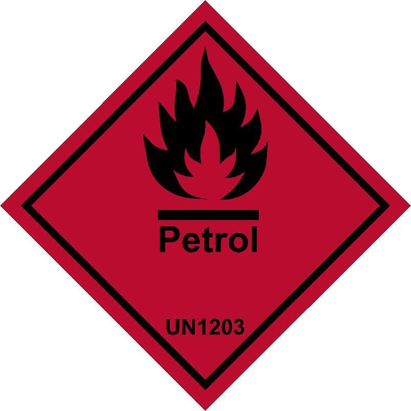 Petrol, UN1203, safety sign - Self adhesive sticker (200mm x 200mm)
