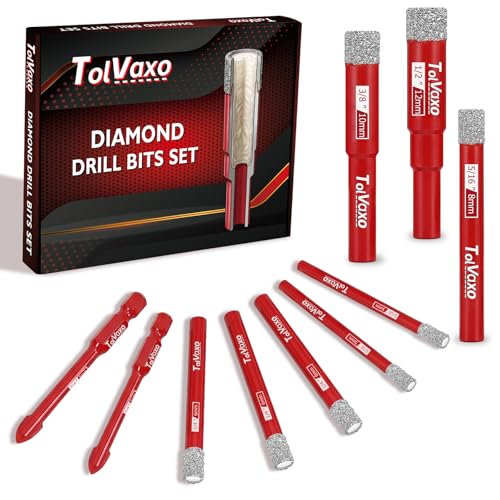 10Pcs Dry Diamond Drill Bit Set, Tile Drill Bit for Ceramic, Glass, Porcelain, Marble &amp; Granite - 3/16"(x2), 1/4" (x3), 5/16", 3/8", 1/2" with Cooling Wax &amp; 1/4" Masonry Bit(x2)