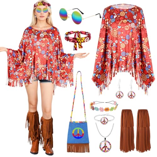 TOSZOLY Disfarce hippie para mulher, conjunto de disfarce hippie anos 60, disfarces de hippies para mulher outros acessórios, hippies capa anos 70 de discoteca para festas e Halloween (vermelho)