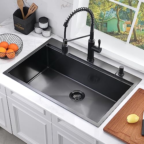 33 Inch Black Drop In Kitchen Sink Workstation -Bokaiya 33X22 Drop In Kitchen Sink Topmount Black Stainless Steel Sink 16 Gauge Deep Single Bowl Kitchen Sink With Cutting Board&Strainer #TOP3