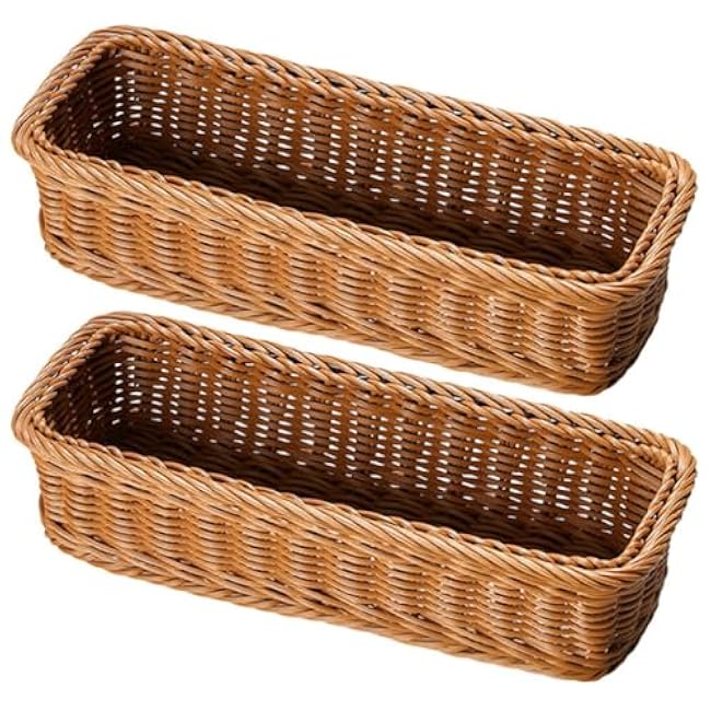 Cabilock 2pcs Wicker Cutlery Basket Rectangular Woven Baskets Bins Rattan Woven Utensils Holder Cutlery Organizer Holder for Countertop Chopsticks Storage Bucket