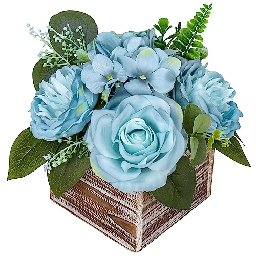 Flores artificiales de hortensias en jarrón de madera, flores artificiales en maceta, rosas, peonías, hortensias, centros de mesa para decoración de mesa, sala de estar, interior, hogar, baño