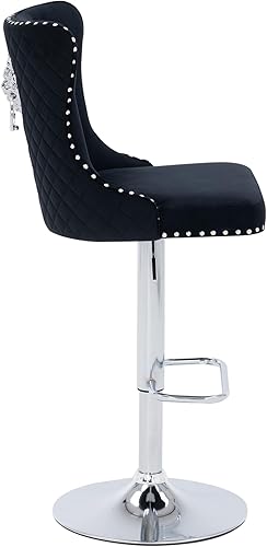 Miniatura 7 de Juego de 2 taburetes de bar giratorios con tirador de anillo, modernos taburetes ajustables de terciopelo con respaldo alto copetudo, silla de