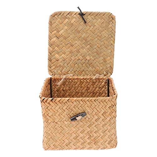 Ciieeo Box Woven Snack Basket Small Wicker Storage Bins Desk Wicker Hampers for Laundry with Lid Woven Hamper Wicker Storage Basket Makeup Brush Organizer Wooden Manual Handmade Flowers
