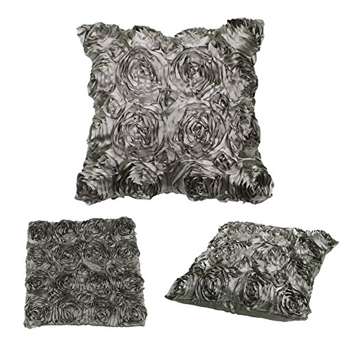 WOMHOPE® A Set Of 2 PC (Same Color) - 3D Solid Color Satin Rose Flower Square Pillowcase Bed Sofa Cushion Pillow Case Arts Decorative Cover Rose Flowers Throw Pillow Covers Protector (Grey (2 Pcs))