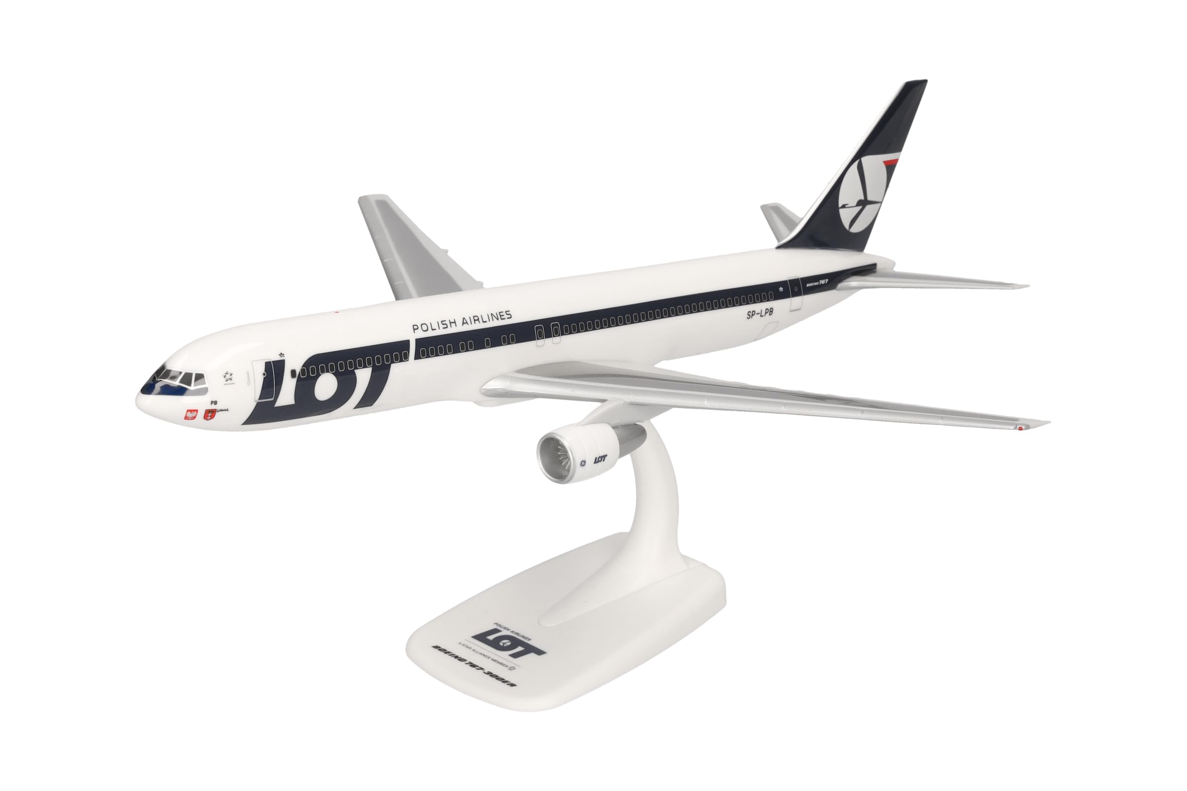 Herpa Snap-Fit Modellflugzeug Lot Polish Airlines Boeing 767-300, Miniatur im Maßstab 1:200, Sammlerstück, Modell mit Standfuß, Kunststoff