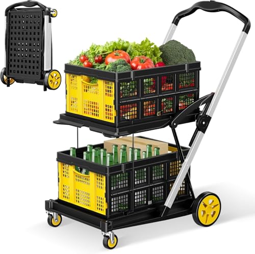 Carrito de compras plegable con ruedas universales y cajas de dos niveles para comestibles, oficina y uso al aire libre