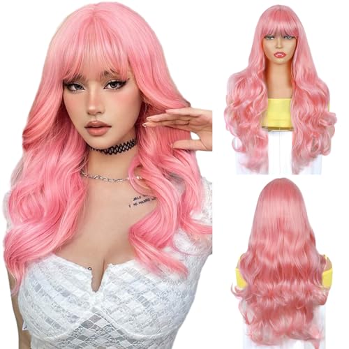 BECUS Pink Wig Body Wavy Wigs for Women Synthetic Wig Natural Curly with Straight Bangs for Cosplay Party Halloween Costume(24"-Pink)
