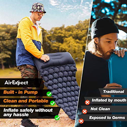 AirExpect Camping Sleeping Pads with Built-in Pump - Upgraded Inflatable Camping Pad with Pillow for Backpacking, Traveling,Durable Waterproof Compact Ultralight Hiking Pad