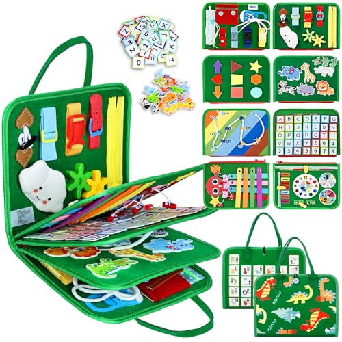 Image of Esjay Toddler Busy Board Montessori Toys for Boys and Girls, Sensory Board Educational Activities for Learning Fine Motor Skills, Birthday Gifts Toddlers, Travel Toys for Airplane Car, Green Dinosaur
