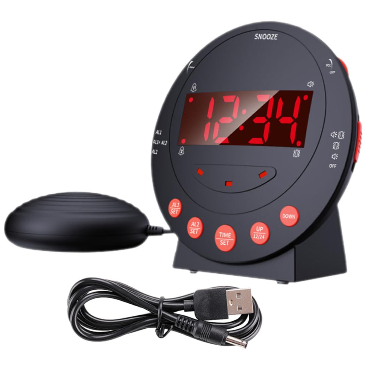 ERINGOGO Digitaler Vibrationswecker Starker Bettwecker für Senioren Lauter Wecker für Gehörlose mit USB Kabel Einstellbare Helligkeit