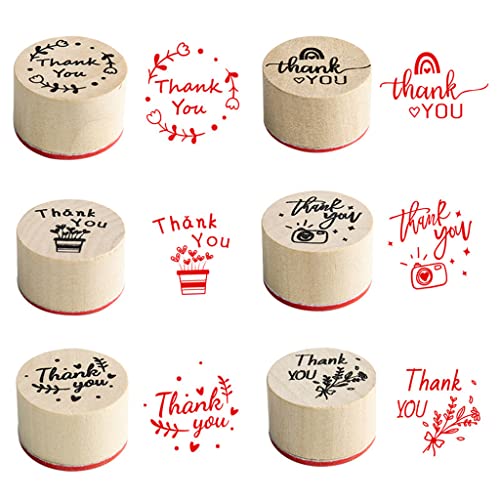 JZTang 6 Pcs Wooden Stamps Set Round Wooden Rubber Stamps for Card Making Thank You Pattern Rubber Stamp for DIY Craft Card and Scrapbooking (Thankyou Stamps)