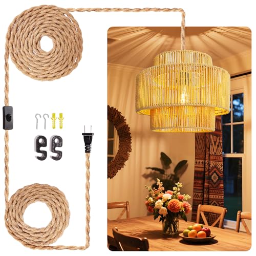 Maliralt Hanging Lamps Rattan Pendant Light - 16.4ft Plug in Cord Hanging Light Fixture Plug Into Wall Outlet Pendant Lighting with On Off Switch for Bedroom Living (Lantern Shade)