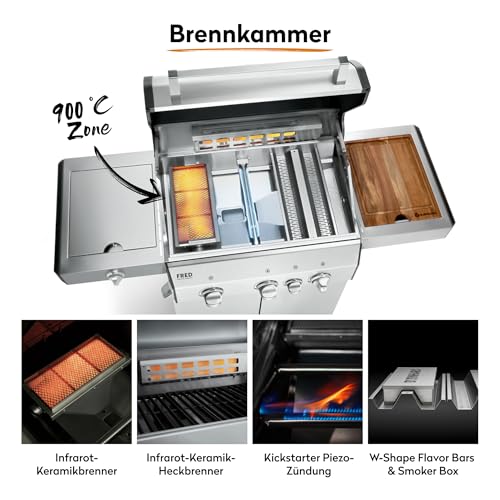 BURNHARD Gasgrill montiert mit Seitenschüben und Rollen - Detailansicht von BURNHARD® Gasgrill 3-Brenner Backburner Test...