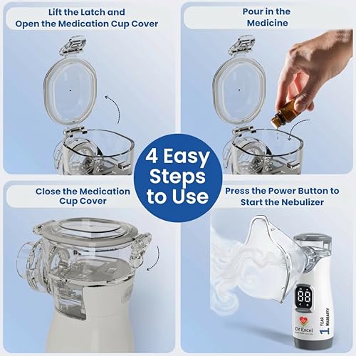 Image of Portable Mesh Nebulizer | LED Interface and Auto-Cleaning | 2 Masks, 1 Mouth piece and 2 Cells Included | Travel Nebuliser | 2 Speed Modes | Silent and Portable | Smart Digital Display & Timer | Perfect for Travel and Home Use | 12 months Warranty