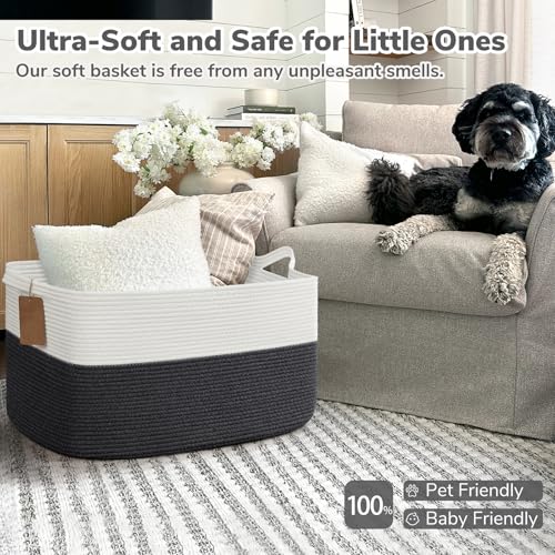 Image of Goodpick 75L Extra Large Woven Rope Blanket Basket, Rectangle, Dark Gray