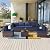 Kullavik 7 Pieces Outdoor Patio Furniture Set Sectional Rattan Sofa Brown Manual Wicker Patio Conversation Set with Navy Blue Cushions,1 Tempered Glass Tea Table and Cushions Covers