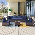 Kullavik 7 Pieces Outdoor Patio Furniture Set Sectional Rattan Sofa Brown Manual Wicker Patio Conversation Set with Navy Blue Cushions,1 Tempered Glass Tea Table and Cushions Covers